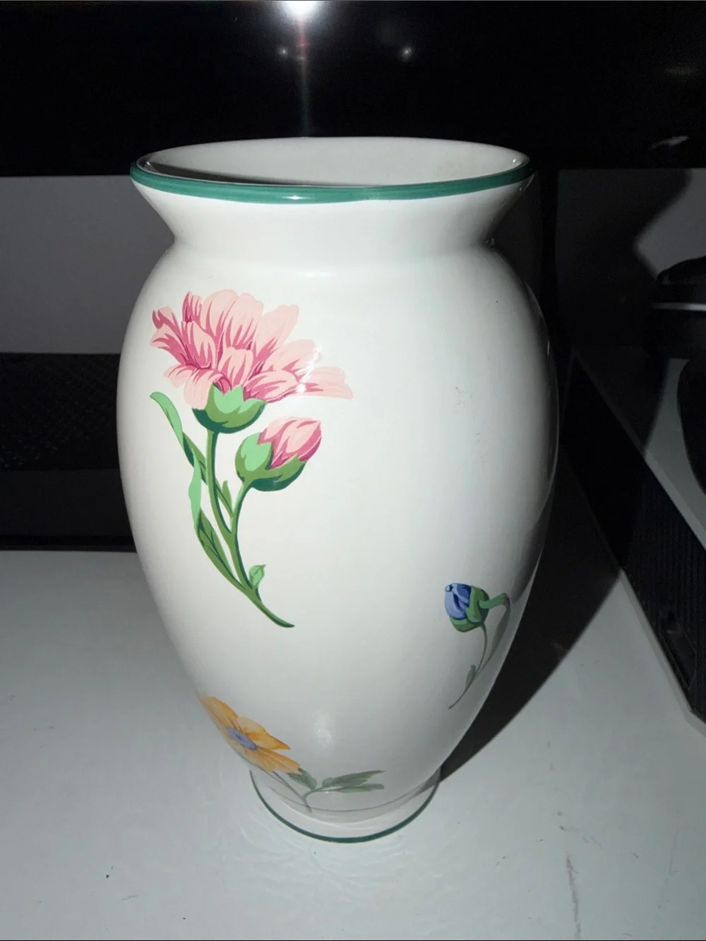 Tiffany & Co. White Ceramic Vase with Pink Floral Motif and Green Trim